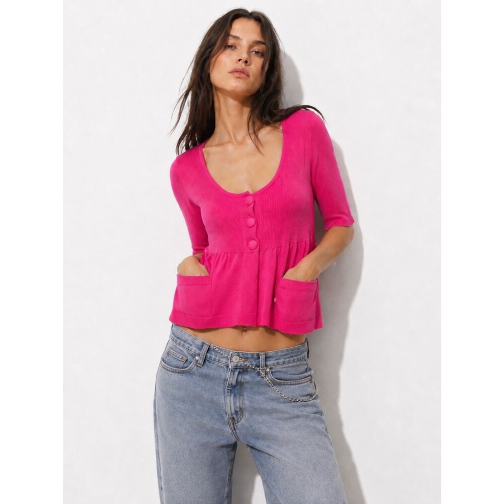 INC Womens Vintage Pink Babydoll Sweater Top Small Ribbed Coquette Y2K Pockets